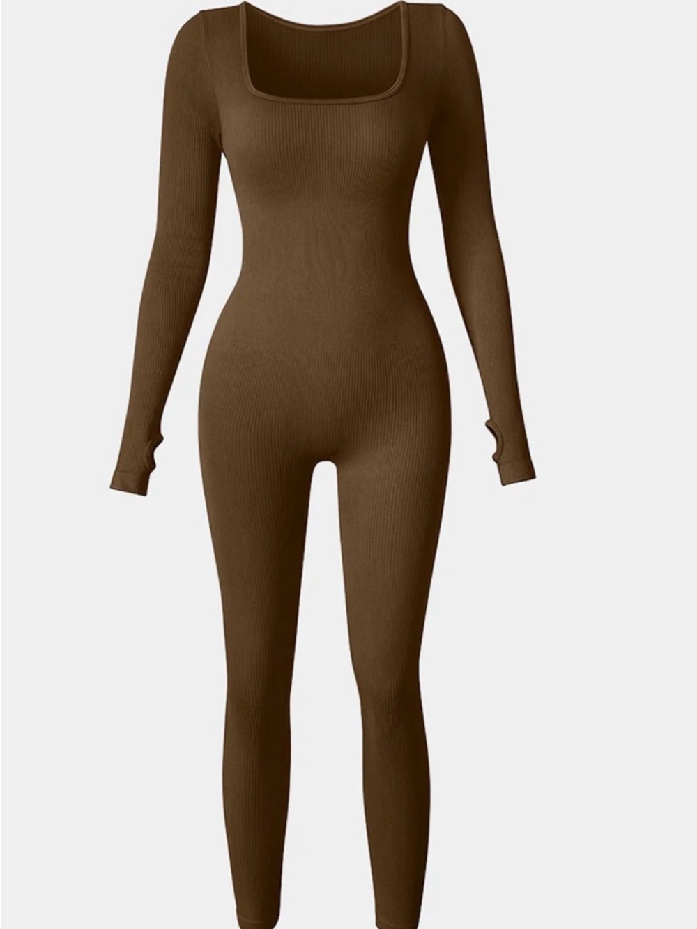 OQQ Ribbed Long-Sleeve Jumpsuit in Chocolate Brown